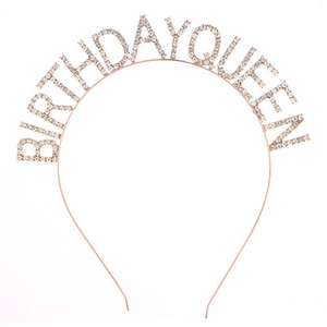 Detail of rose gold Birthday Queen headband with sparkling rhinestones for party