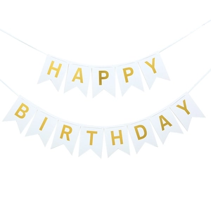 White and gold HAPPY BIRTHDAY banner set with swallowtail cards for party decoration