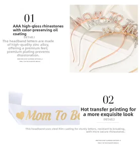 Detailed view of rhinestone MOM TO BE headband and satin sash for baby shower parties