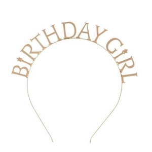 Detailed view of rose gold Birthday Girl metal headband for party decoration