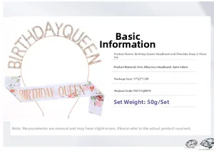 Detalle de diadema Birthday Queen con pedrería y banda de satén con diseño floral