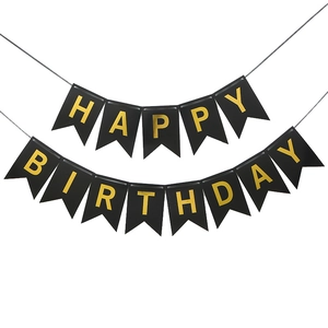 Black and gold HAPPY BIRTHDAY banner set with swallowtail flags for party decorations