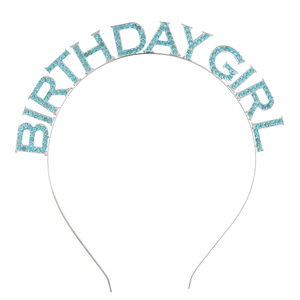 Silver Birthday Girl headband with sparkling light blue rhinestones for birthday party