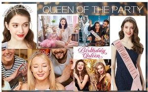Detail showing the Birthday Queen tiara and glitter sash set on models at a birthday party