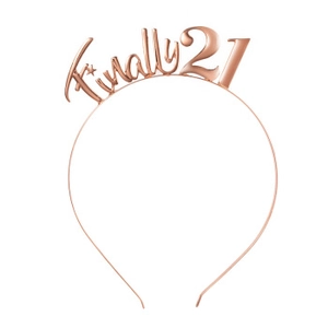 Rose gold metal tiara featuring Finally 21 text and star details for birthday party