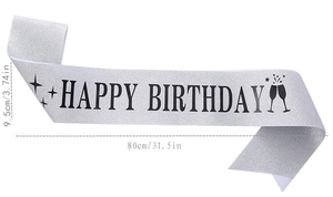 Silver glitter Happy Birthday sash with black lettering showing dimensions 9.5x80cm