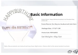 Detail of happy 18th birthday rhinestone headband and white satin sash party accessory set