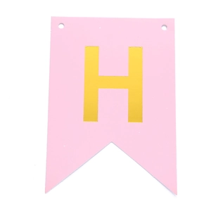Detail of pink swallowtail banner with gold foil letter H for birthday party decoration