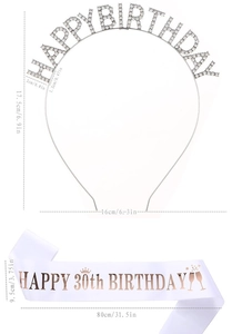 Detailed size chart for silver 30th birthday rhinestone tiara and white satin sash set