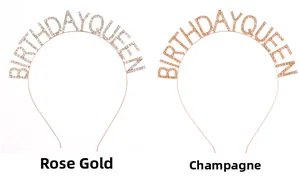 Détails des serre-têtes Birthday Queen en or rose et champagne avec des cristaux