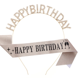 Sparkling Happy Birthday metal headband and glitter sash set for birthday party decorations
