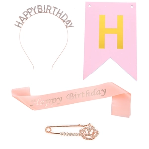 Pink and rose gold birthday party set including rhinestone headband, sash, and hanging banner