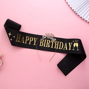 Detail of black glitter Birthday Girl sash and silver rhinestone happy birthday headband