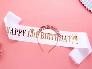 Close-up of rose gold Happy Birthday rhinestone headband and 13th birthday satin sash
