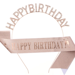 Rose gold Happy Birthday rhinestone headband and glitter pink sash party accessory set