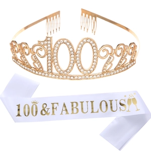 100th Birthday Crown Tiara 100 Fabulous Sash Women Zinc Alloy Rhinestone Satin Birthday Party Accessory