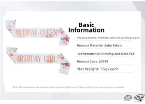 Detail of satin Birthday Girl and Queen sashes with elegant floral gold foil printing