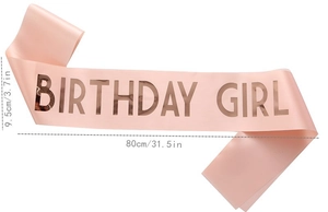 Pink satin birthday sash with rose gold Birthday Girl foil lettering and size dimensions