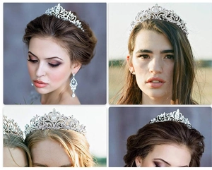 Detailed views of a sparkling crystal crown tiara with intricate vine patterns for bridal events