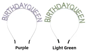 Détail de serre-tête BIRTHDAY QUEEN avec cristaux violets et vert clair sur métal