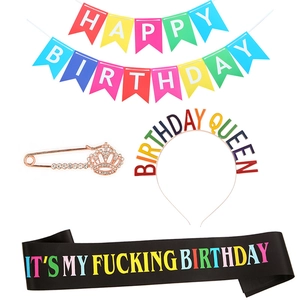 Birthday party set with HAPPY BIRTHDAY banner, headband, brooch, and colorful sash