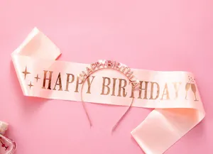 Pink satin birthday sash with gold lettering and rhinestone Happy Birthday headband set