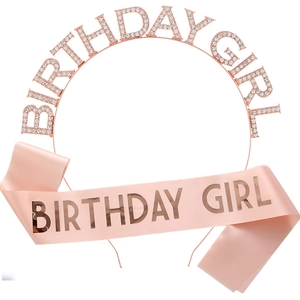 Birthday Girl Party Decoration Set Rhinestone Letter Alloy Headband And Printed Satin Sash For Women Birthday Party Gift