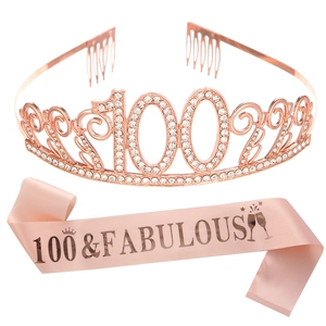 Rose gold 100th birthday crown and pink 100 & Fabulous satin sash gift set for women