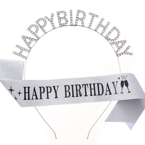 Sparkling silver glitter Happy Birthday sash with rhinestone headband party accessory set
