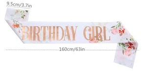 Detailed view of floral Birthday Girl sash showing dimensions 160cm length and 9.5cm width