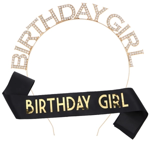 Birthday Girl party set with gold crystal headband and black satin sash decoration