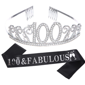 Silver 100th birthday tiara with rhinestones and black 100 & Fabulous satin sash set