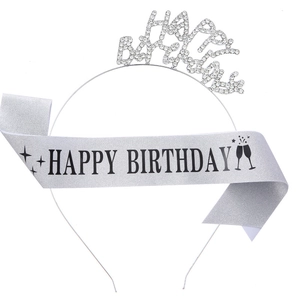Silver Happy Birthday rhinestone headband and glitter sash set for party celebrations