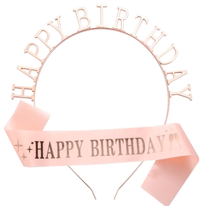 Kit d'anniversaire avec serre-tête or rose Happy Birthday et écharpe en satin rose chic
