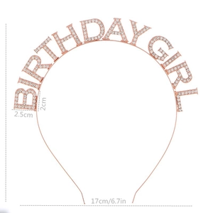 Detailed dimensions of rose gold Birthday Girl headband with sparkling crystals