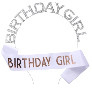 Silver crystal Birthday Girl headband and white satin sash birthday decoration set