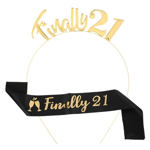 Set de fête 21 ans avec serre-tête en métal doré et écharpe en satin noir et texte doré