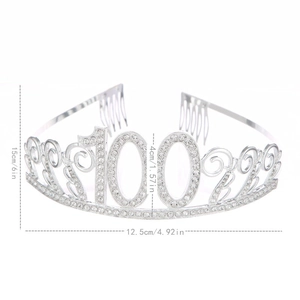 Detailed view of silver 100th birthday crown with crystals and side hair combs