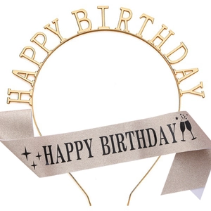 Birthday decoration set with gold happy birthday headband and silver glitter sash