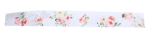 Detail of white satin Bride To Be sash featuring watercolor pink roses and green leaves