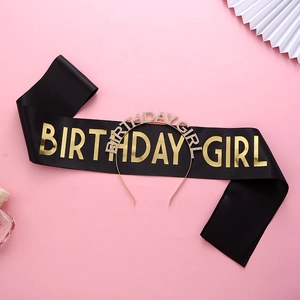 Birthday Girl party set with black gold satin sash and rhinestone crystal headband tiara