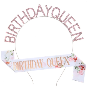 Detailed view of Birthday Queen set with pink rhinestone tiara and floral gold satin sash
