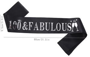Detail of 100 Fabulous birthday sash showing 9.5cm width and 80cm length measurements