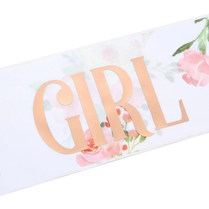 White satin birthday sash with rose gold GIRL text and pink floral prints