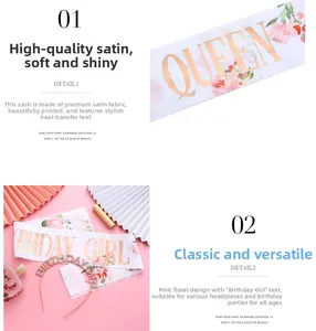 Close-up of white floral birthday sash with gold foil text and rhinestone headband