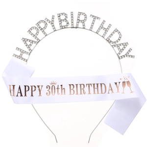 Close-up of rhinestone Happy Birthday headband with 30th birthday satin sash set