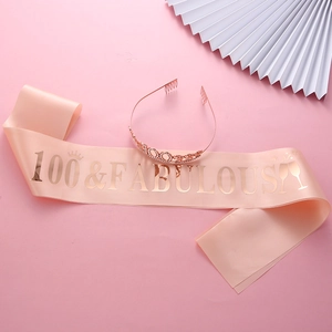 Detail of pink 100 Fabulous satin sash and rose gold crystal 100th birthday tiara set