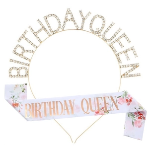 Detailed view of Birthday Queen tiara with rhinestones and floral satin sash set