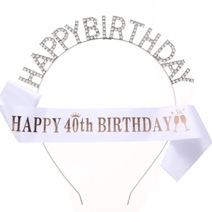 Silver rhinestone Happy Birthday headband and 40th birthday white satin sash set