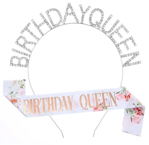 Detail of silver rhinestone Birthday Queen headband and floral satin sash set